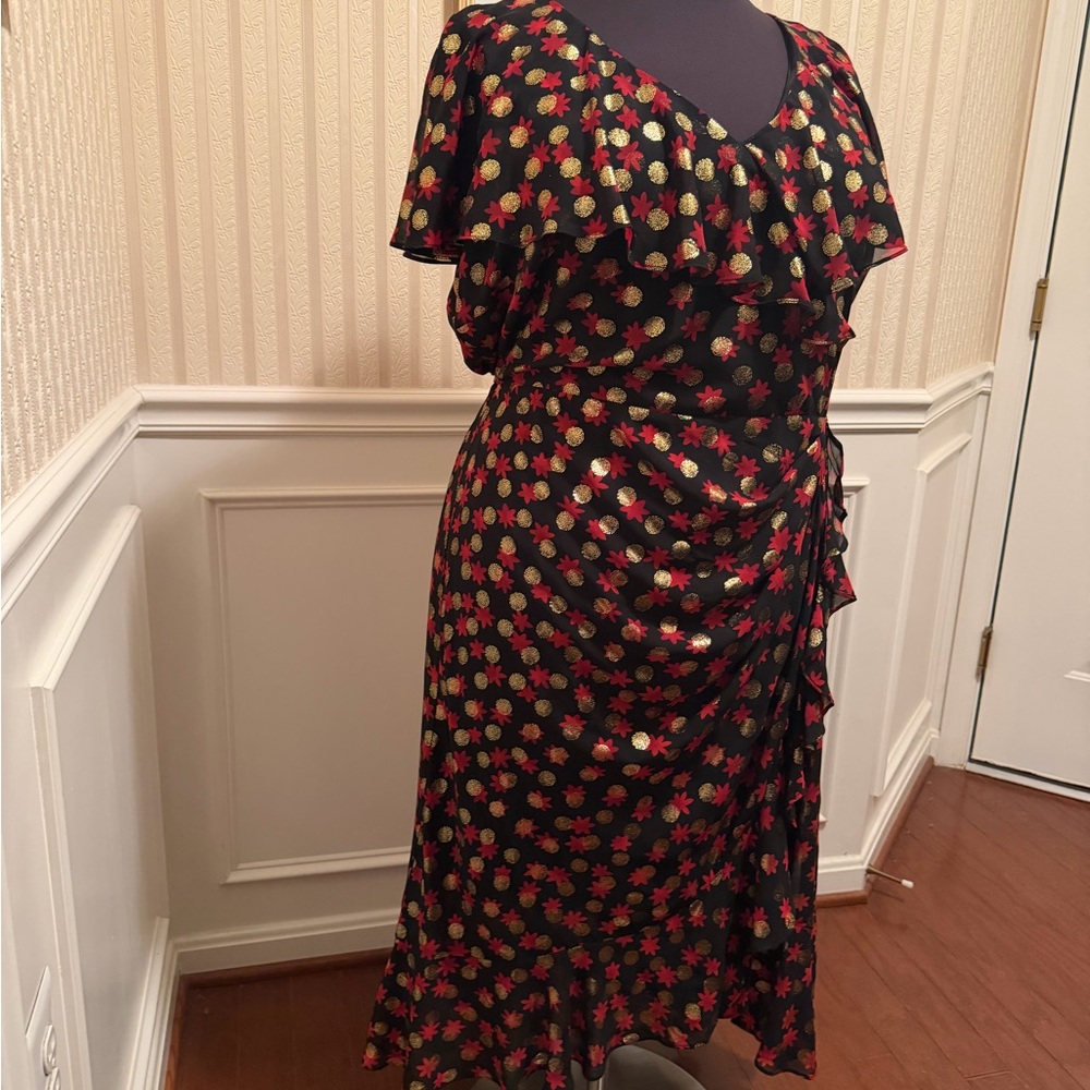 Lane Bryant Black Midi Dress with Red and Gold Floral Accents - Picture 3 of 6